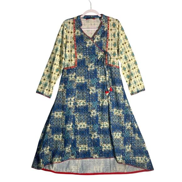 Paislei‎ Sz 2X Long Sleeve Maxi Dress Geometric Aztek Mix Media Faux Wrap Boho - Picture 1 of 11